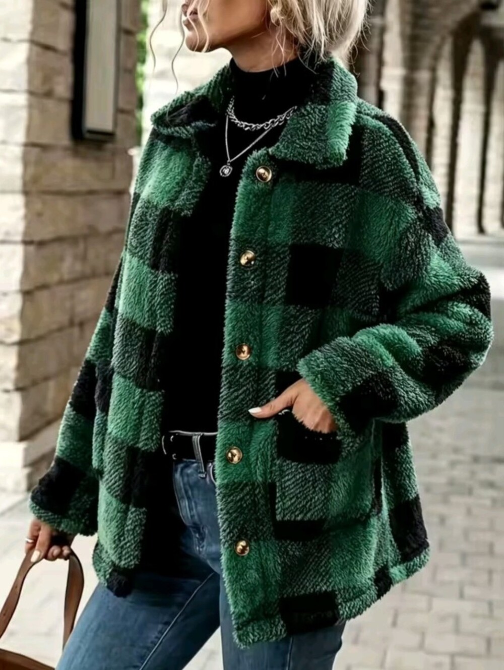 Women's Plaid Fluffy Fleece Lapel Shacket Jacket Fall Clothes